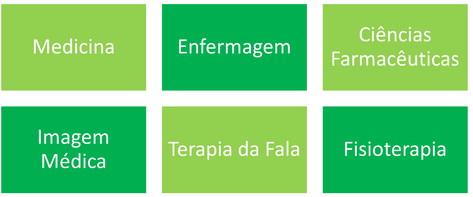 Cursos da área da Saúde, incluindo Medicina, Enfermagem, Ciências Farmacêuticas, Imagem Médica, Terapia da Fala, Fisioterapia